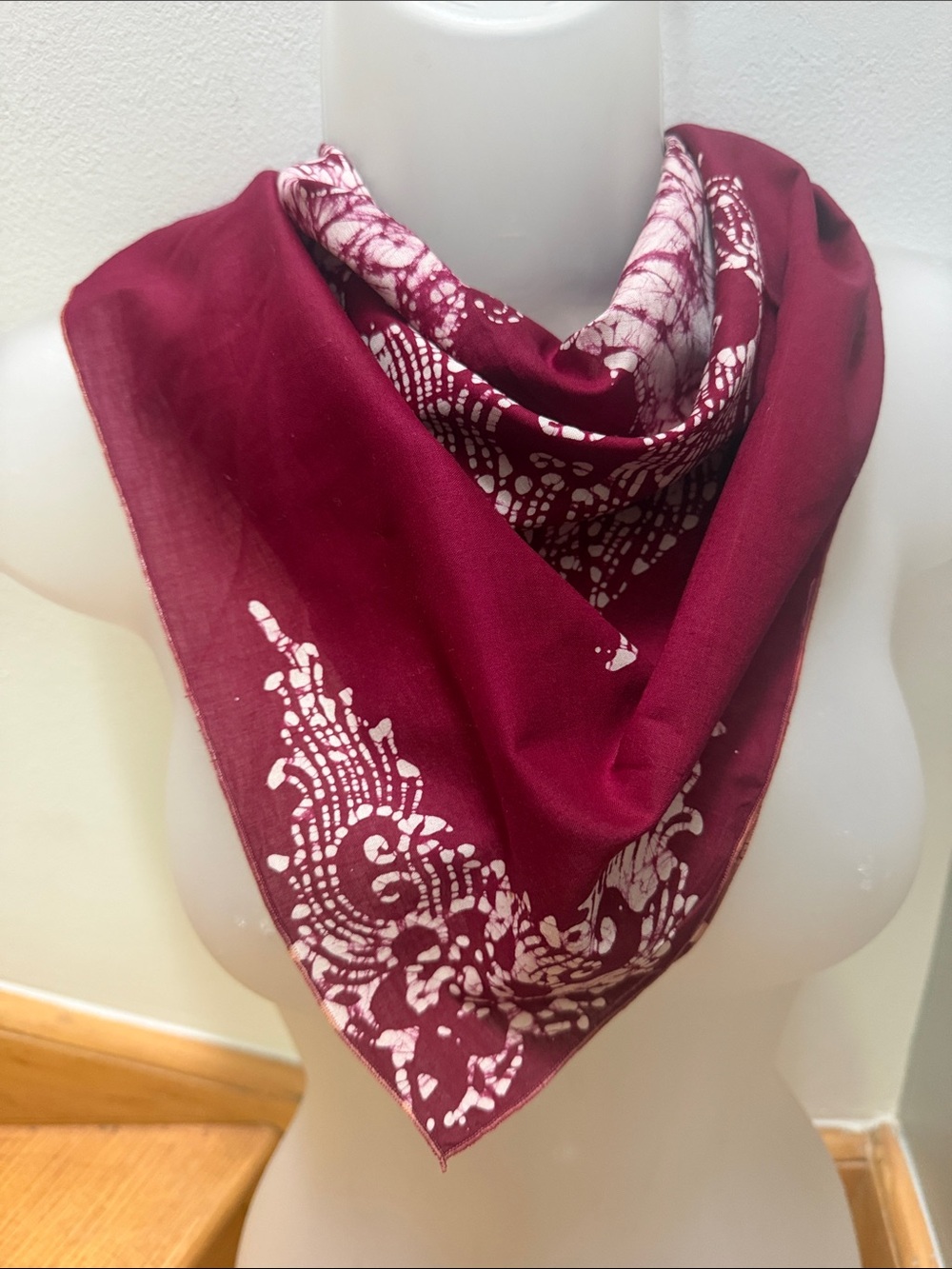 VTG 100% Cotton Batik Scarf Nasharr Freres Ltd Singapore Burgundy White Square